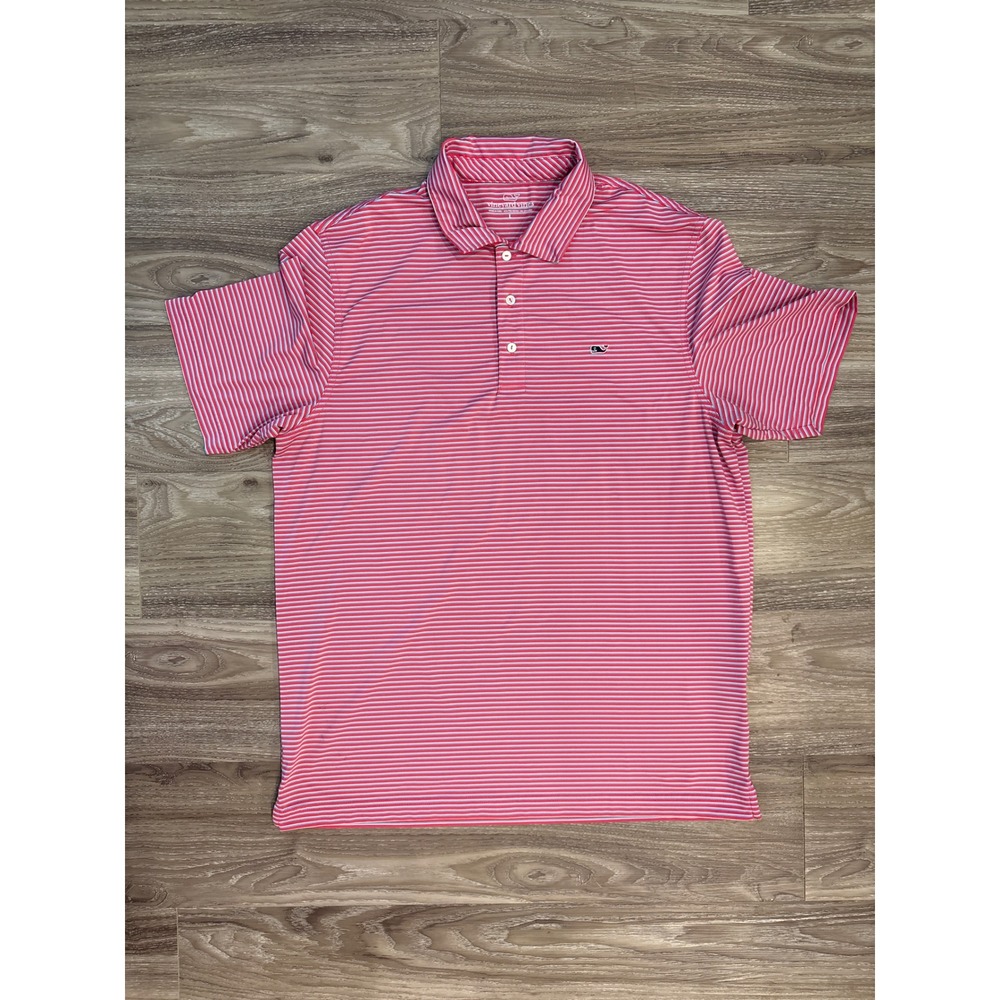Vineyard Vines Mens Polo Shirt Large Pink Striped Short Sleeve Stretch Golf